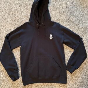 Men's Black Pullover Hoodie with White Skeleton Peace-Hand Graphic